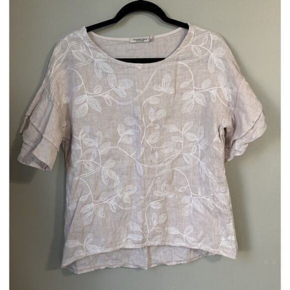 Valentina Naldi‎ Beige Blouse Made Italy Ruffle Sleeve Floral Embroidered Small